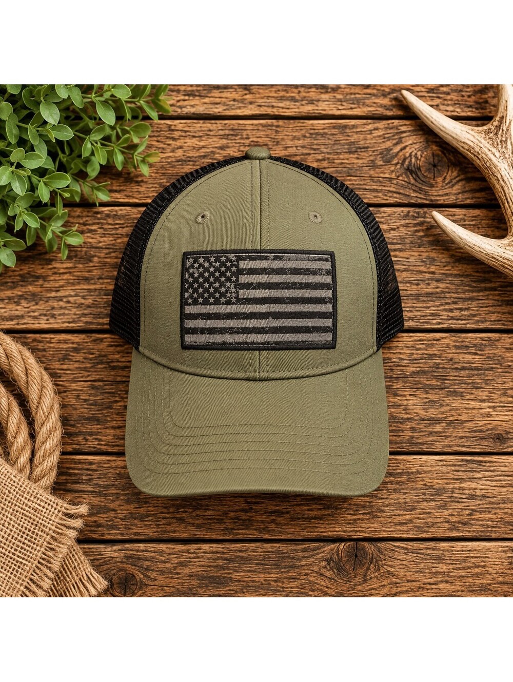 Olive trucker cap with American flag patch
